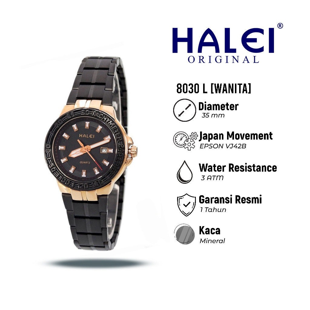 HALEI - Jam Tangan Cewek Premium Analog Ada Tanggal Tali Rantai Tahan Air 8030L