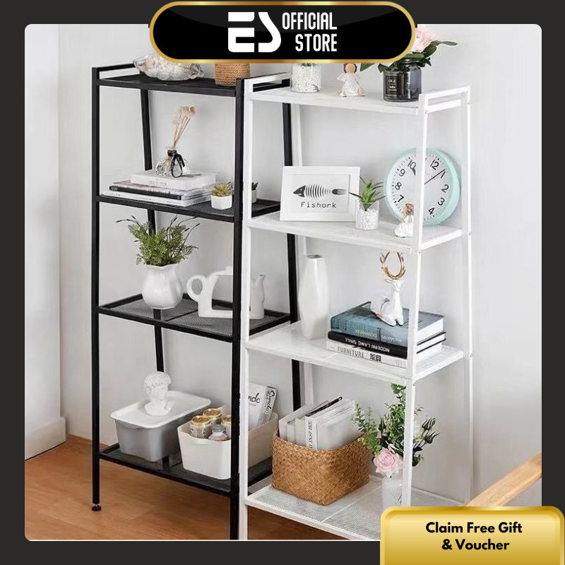 ht75yj ES Rak Buku Rak Ruang Tamu Serbaguna Tingkat 4 Susun 2 Warna Putih Hitam 2 Ukuran