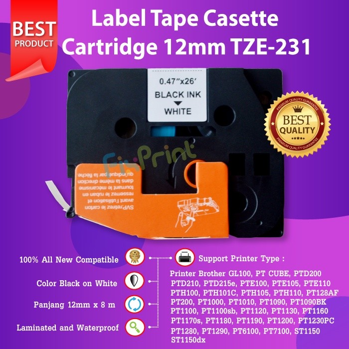 

FixPrint TZE-231 Brothr Label Tape 12MM Black On White TZe231 Printer Casette