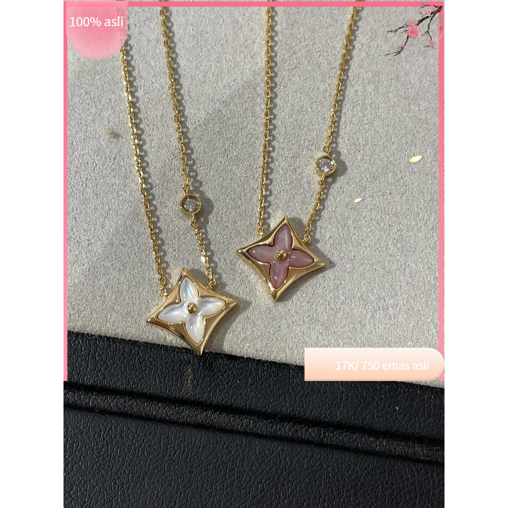 COD ️ 【17K/ 750 emas asli】 Louis Vuitton LV kalung Empat Bunga 18K Rose Gold Berlian Asli Liontin