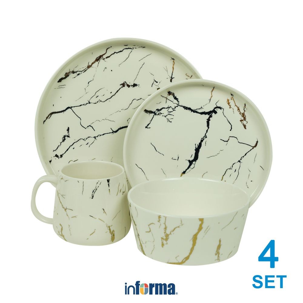Informa Appetite Set 16 pcs Abbey Perlengkapan Makan Marble - Putih Dinner Set Plate Aesthetic Eatin