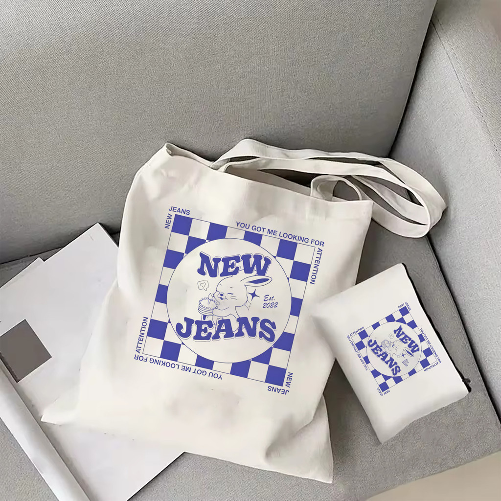 Women's Harajuku print tote bag NewJeans Attention Tote Bag Y2K casual fashion canvas bag shoulder b