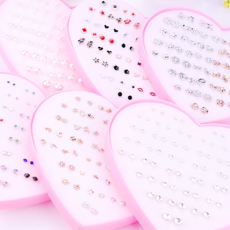 Anting Isi 36 Pasang 1 Kotak Tusuk Bentuk Hati Bergaya Warna Wanita