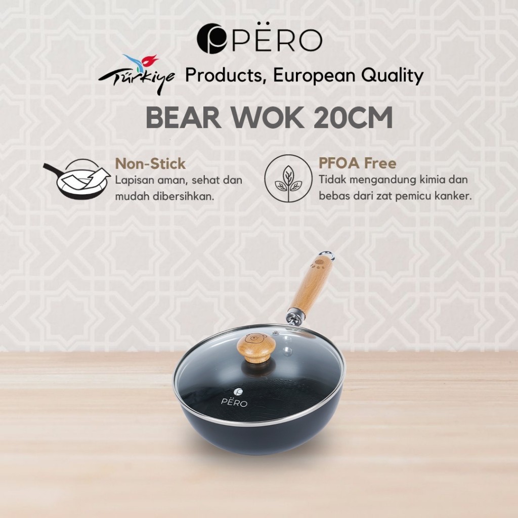 gy64rf Pero Bear Wok Pan Iron Black with Lid 20cm 24cm / Wok Pan Wajan Penggorengan Deep Frying Ukur
