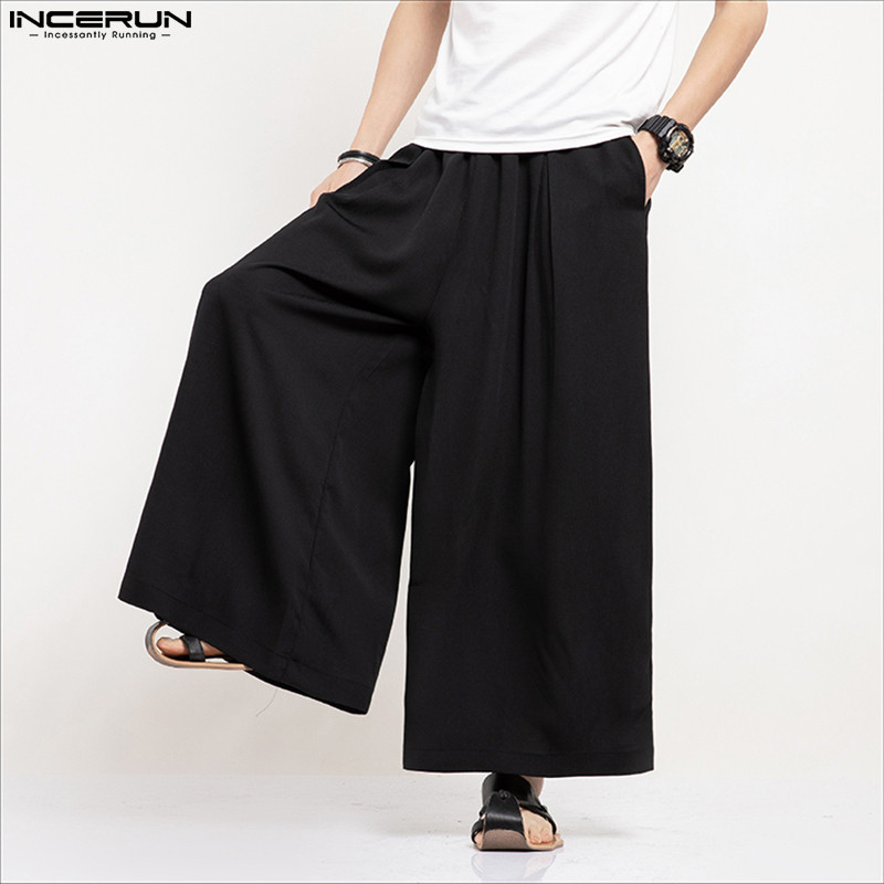 INCERUN Men Wide Leg Pants Solid Color Loose Joggers Elastic Waist Trousers Men Streetwear Vintage 2