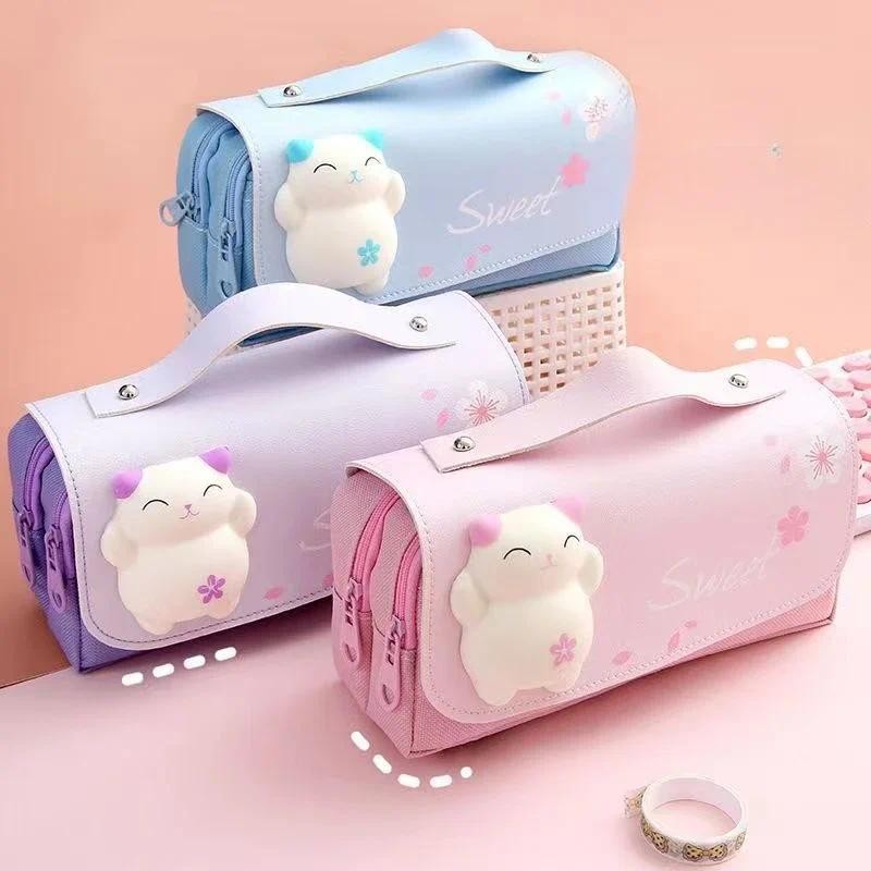 

Cartoon pencil bag double zipper large-capacity multi-functional stationery box portable pressure-reducing pen bag pencil case