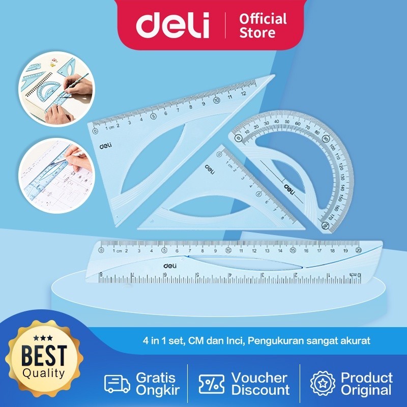 

Ruler Set / Set Penggaris Deli EH12 4 in 1 Kokoh Pengukuran cm dan Inch uk 20 cm