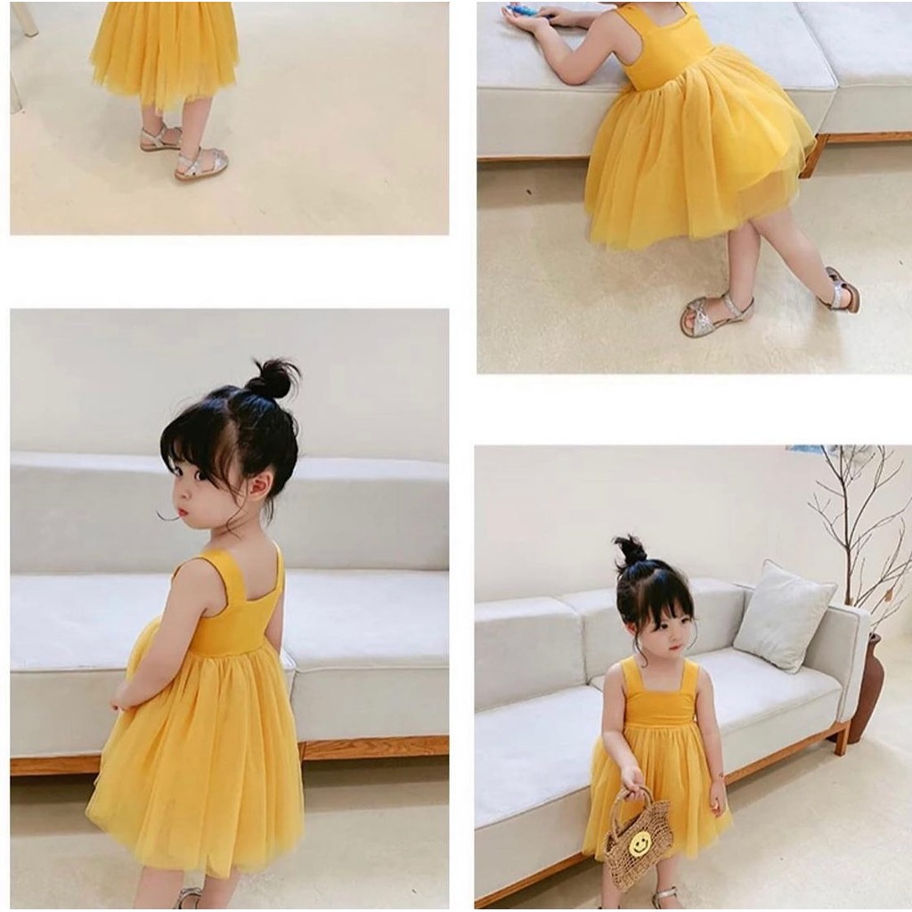 Dress Kaos Tutu Anak Perempuan Premium Kuning Kunyit 1 2 3 Tahun