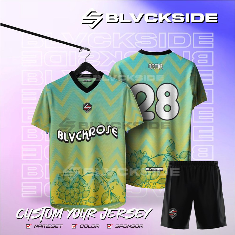 Jersey kelas Satuan futsal kerah retro vintage HIJAU KUNING MAWAR sepakbola volley badminton gaming 