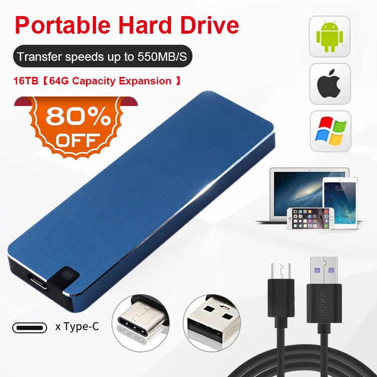 ✨DISKON 50%✨ SSD Portable 1TB Super Tipis/ Eksternal SSD USB 3.2 Type-C/ Warna Hitam,Silver,Biru,Mer