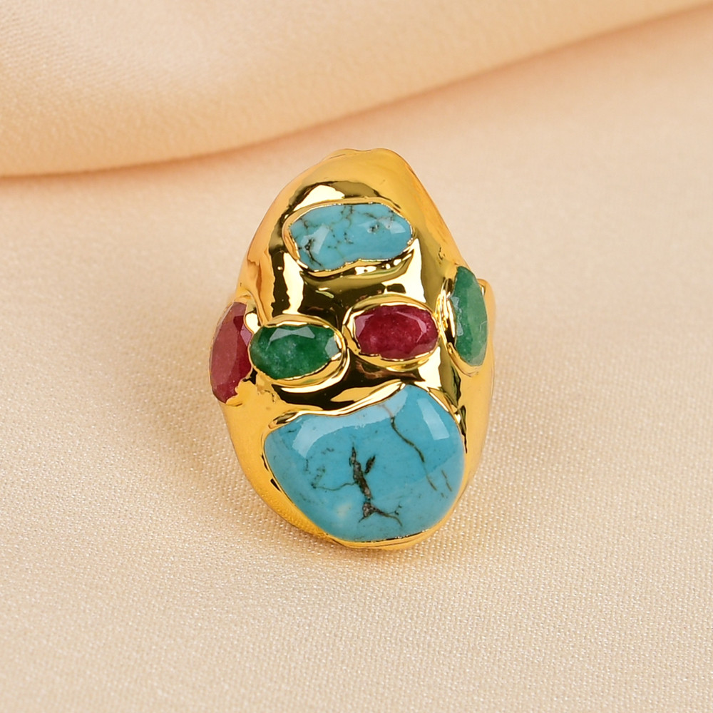 GG Natural Gems Blue Turquoise Rough Mix Color Jade Paved Stone Rings Adjustable