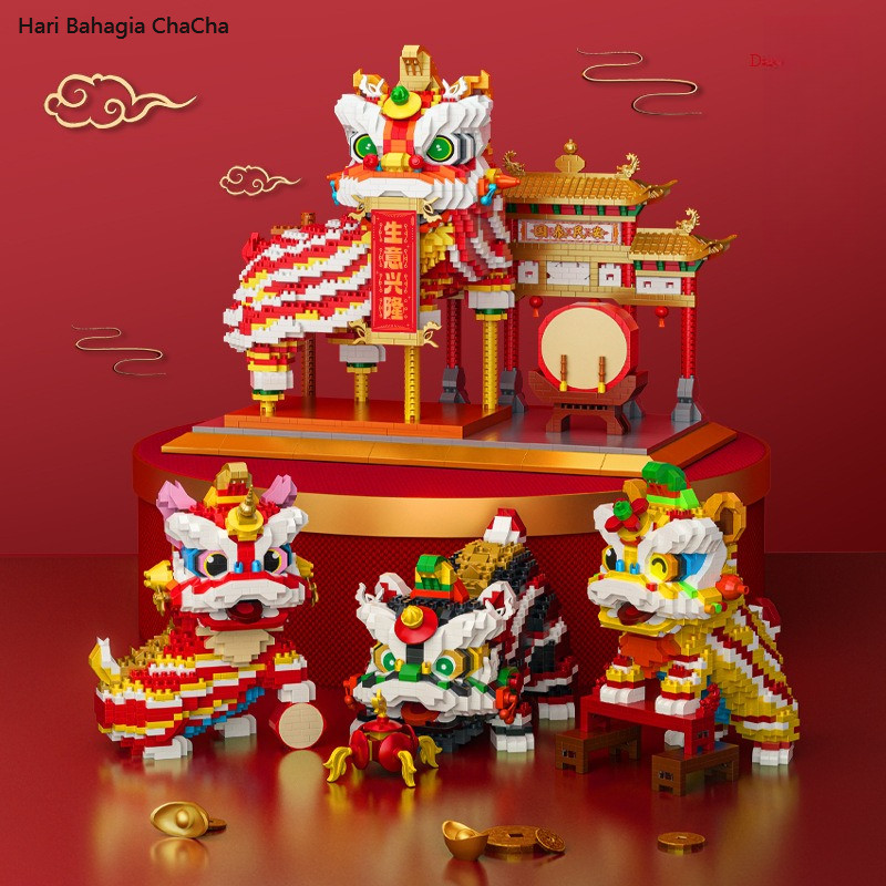 Nano Block Singa Bangun Tradisional Cina Barongsai Bricks Puzzle Mainan Dekorasi Lego