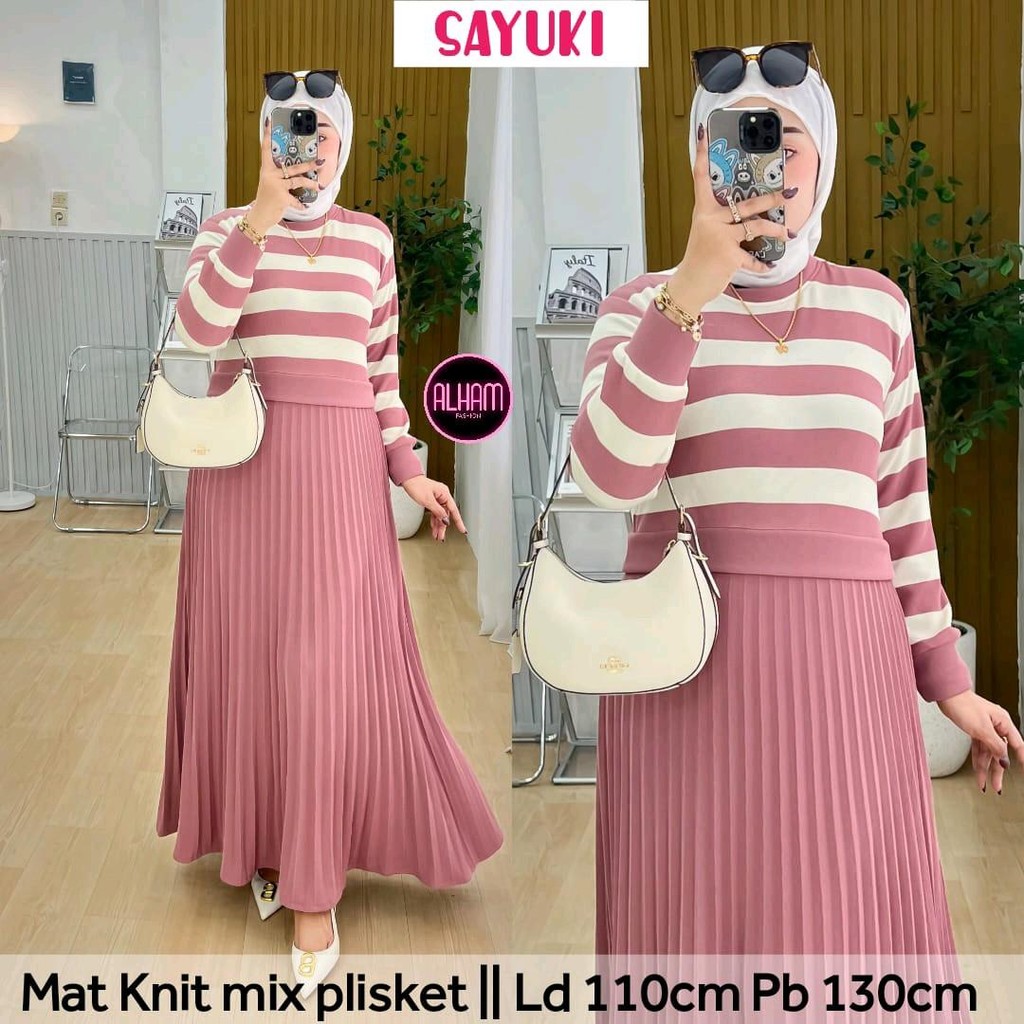 Sayuki Maxy Dress Gamis Plisket Polos Kombinasi Motif Garis Tebal Stretch