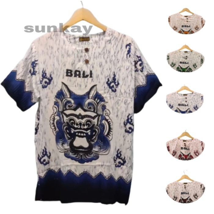 baju barong bali pria wanita dasar putih bahan katun / baju pantai  Biru