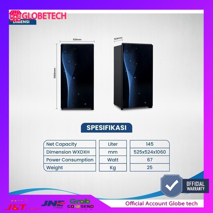 KULKAS AQUA JAPAN AQRD 185 MSB/MSG LEMARI ES 1 PINTU AQRD185 Berbergaransi resmi free ongkir bandar 