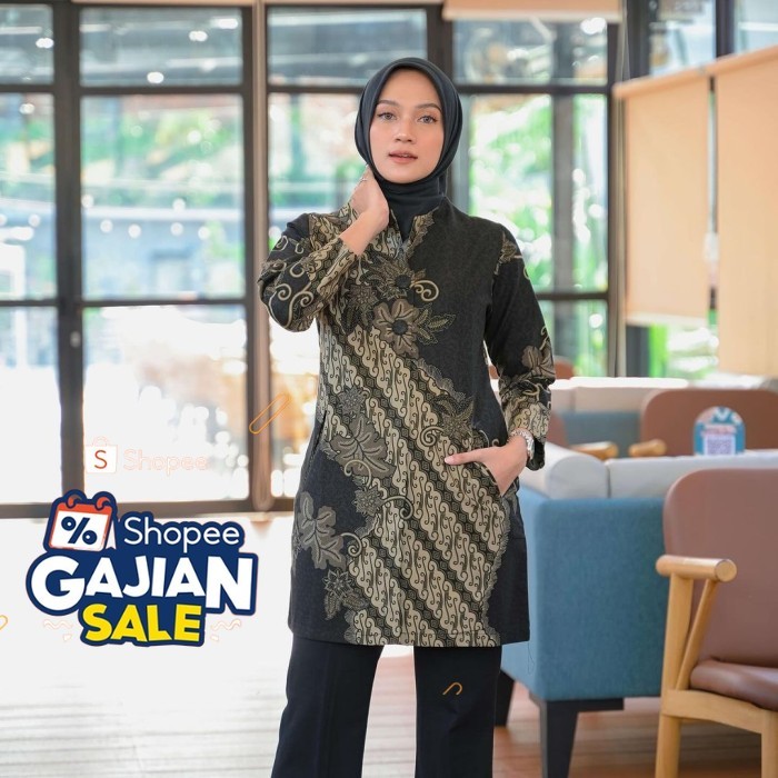 atasan batik wanita modern dress tunik katun halus batik kerja hitam - Hitam, S