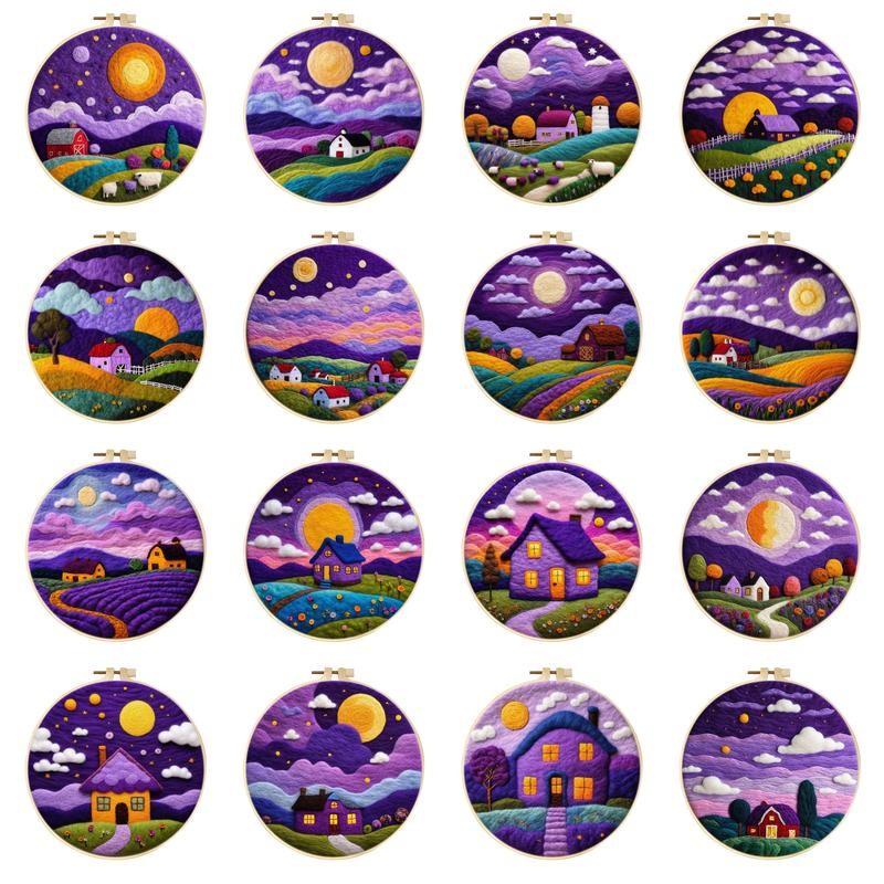 

CHENISTORY Diy Wool Felting Painting Moon Pastoral Scenery Wool Embroidery Kit Diy Wool Needle Felt Picture Kit Creative Paintin