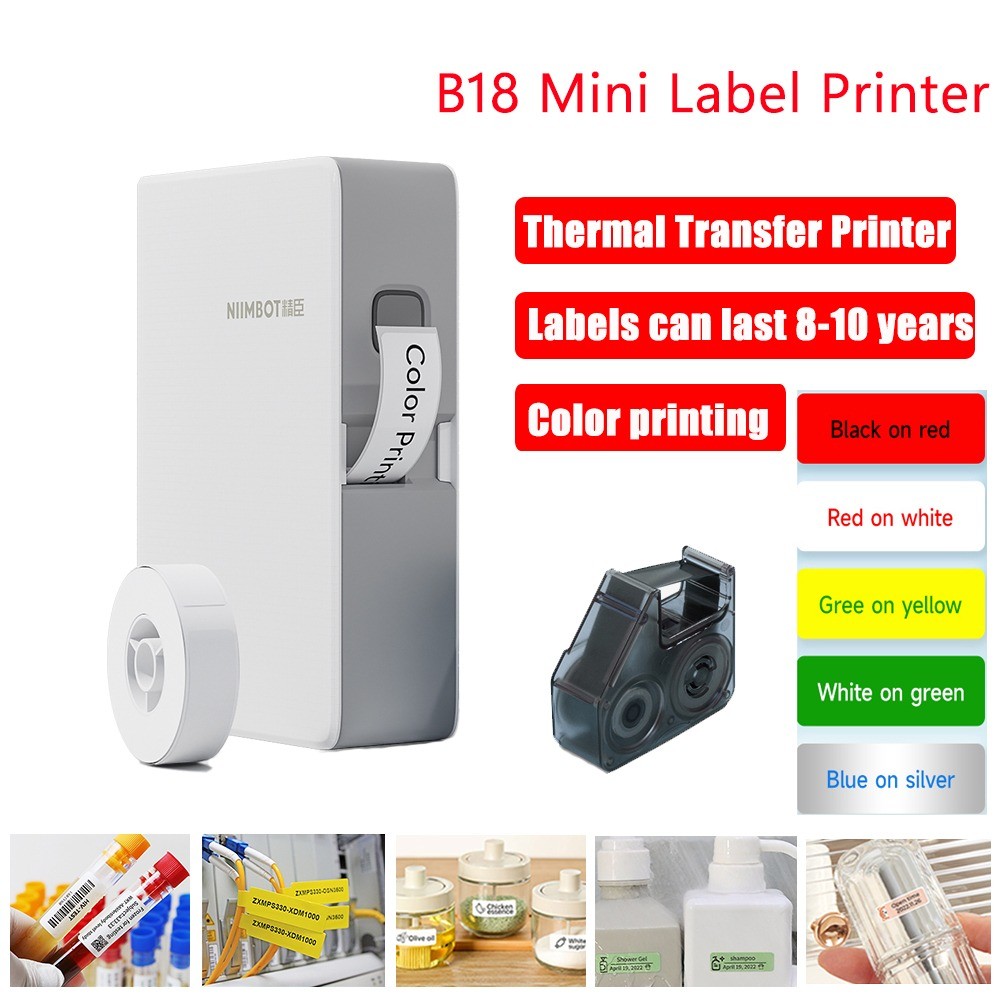 

B18 Thermal Transfer Label Printer Label Maker with Black Ribbon Paper Tag Sticker for Home Office Jewelry Cable Garden