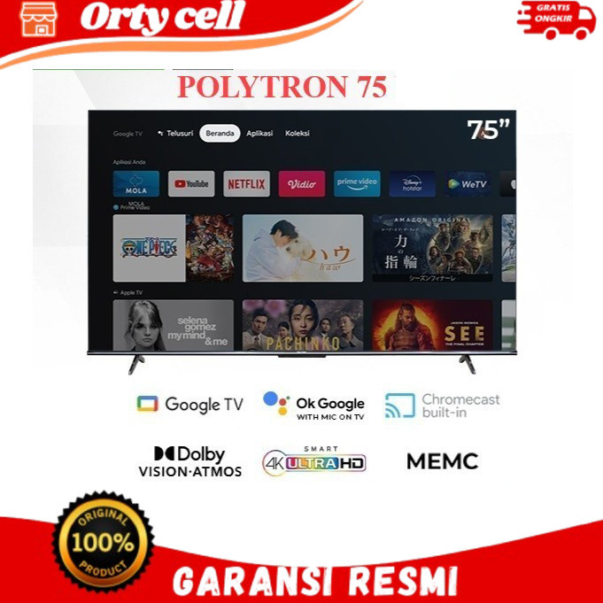 TV POLYTRON 75 INCH UHD 4K SMART GOOGLE TV 75INCH 75UG5959 GARANSI RESMI