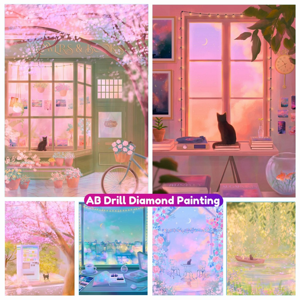 

Anime Cat Flowers and Books AB Diamond Painting Cross Stitch Kit 5D DIY Full Drills Mosaic Embroidery Handmade Craft Home Decor