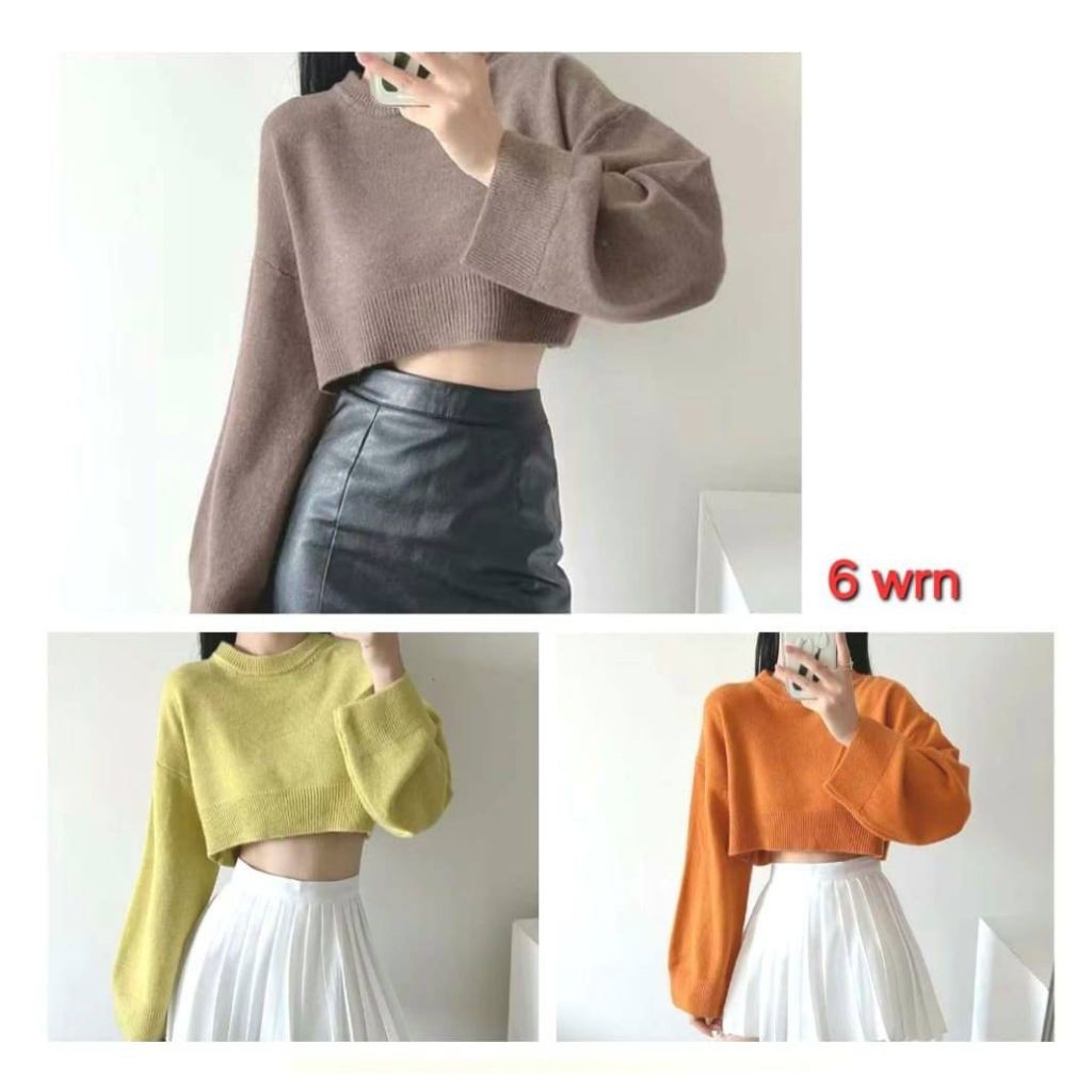 SWEATER RAJUT CROP OVERSIZE LENGAN PANJANG WANITA BASIC ATASAN RAJUT POLOS WANITA KERAH O NECK PREMI