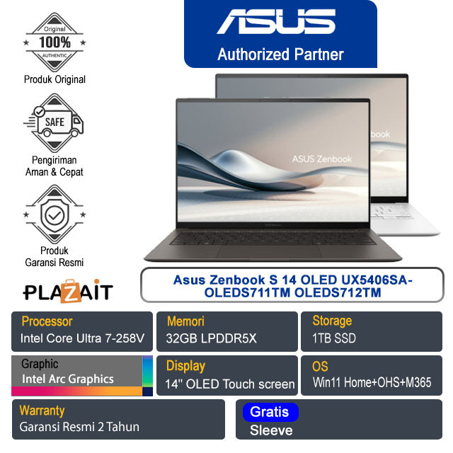 Asus Zenbook S 14 OLED UX5406SA-OLEDS711TM OLEDS712TM /Intel Core Ultra 7-258V/32GB/1TB SSD/Intel Ar