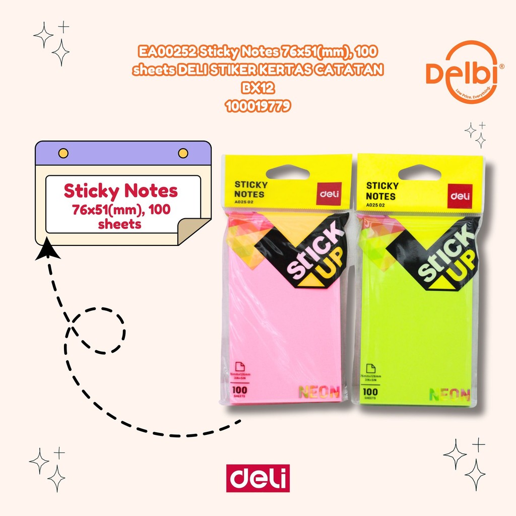 

EA00252 Sticky Notes 76x51(mm), 100 sheets DELI STIKER KERTAS CATATAN BX12