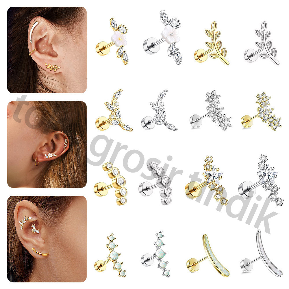 1 buah Anting-anting Tulang Rawan Telinga 316L Stainless Steel Bunga Zirkonia Kubik Tindik Perak/Ema
