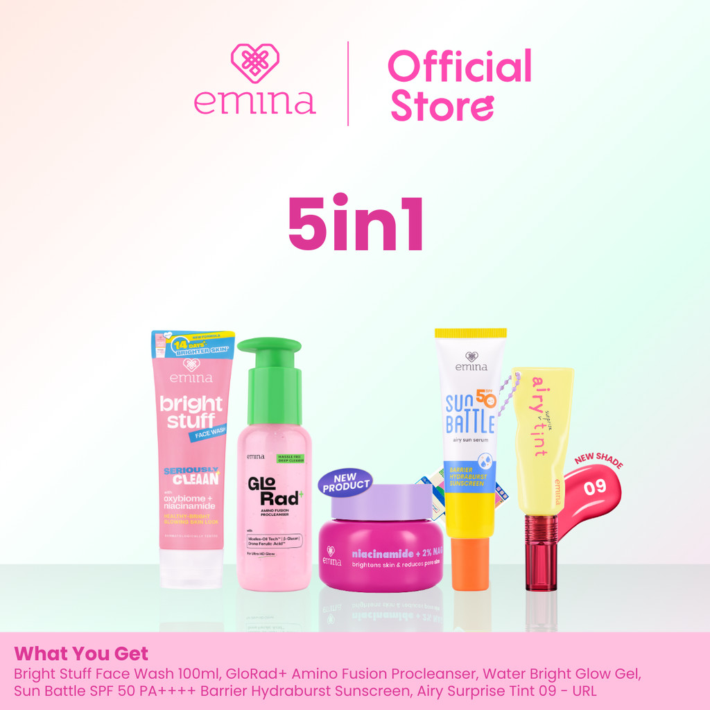 Emina 5 Pcs Bundle 5In1 Paket Skincare Glowing - Emina Water Gel + Emina GloRad+ Hassle Free Cleanse