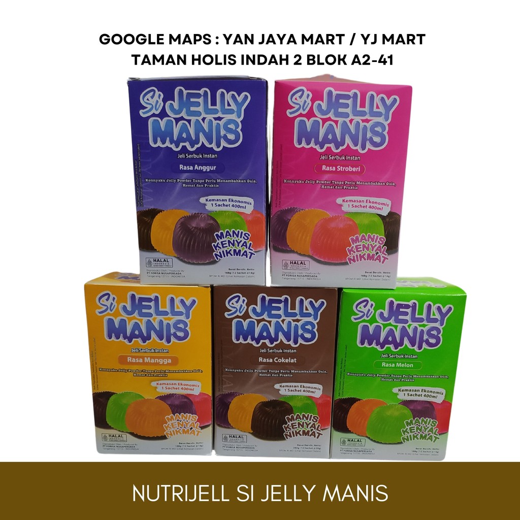 

Nutrijel Si Jelly Manis / Jelly Instan Rasa Melon / Cokelat / Anggur / Mangga / Stroberi Kemasan Ekonomis 14g 1 BOX/ 12 PCS