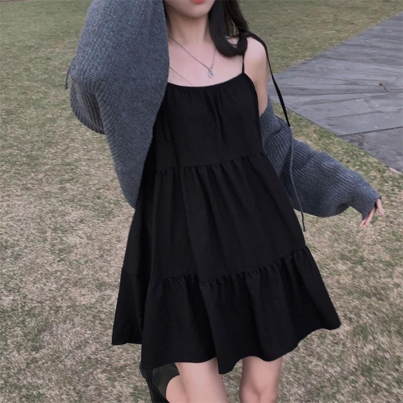 Dress Jumbo Wanita Big Size Hitam Sexy Gaun Tanpa Lengan Kasual Pendek