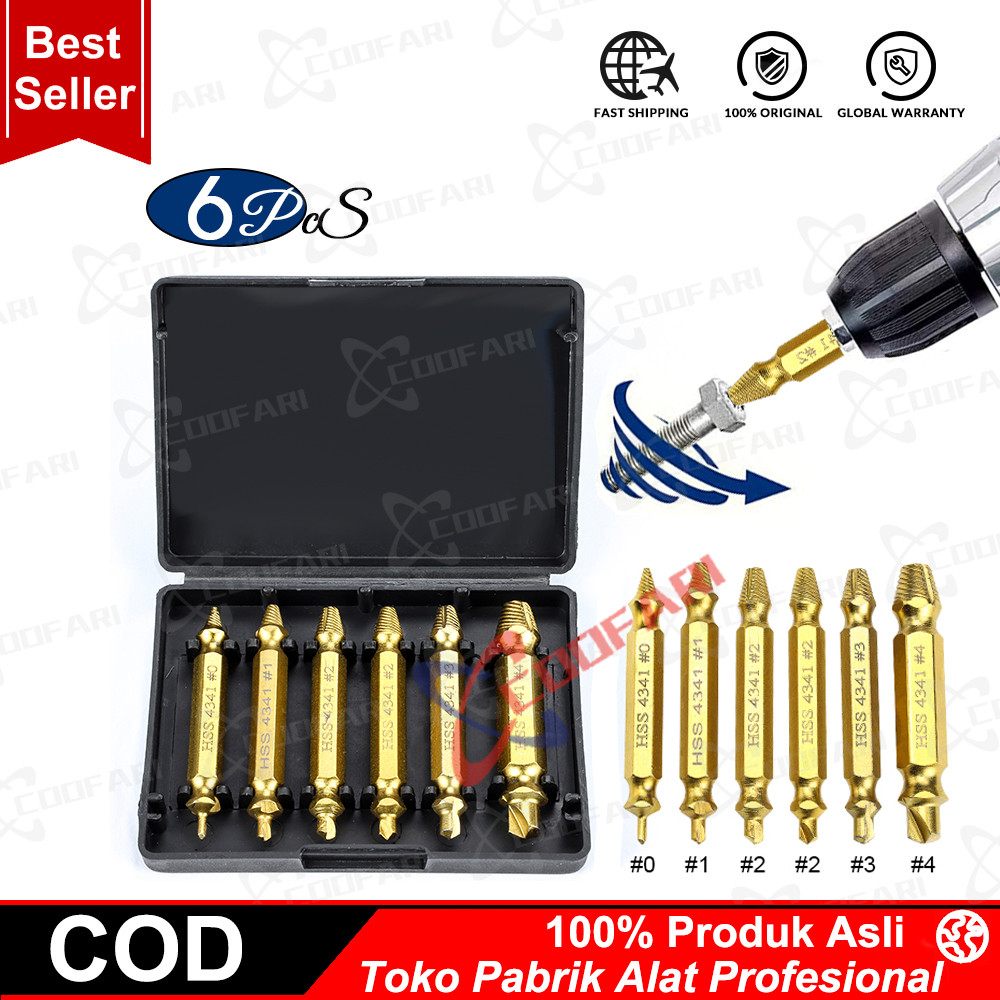 Set Mata Bor Pengambil Sekrup Patah Rusak, Set 6 Buah Kepala Bor Pengekstrak Baut Rusak Patah