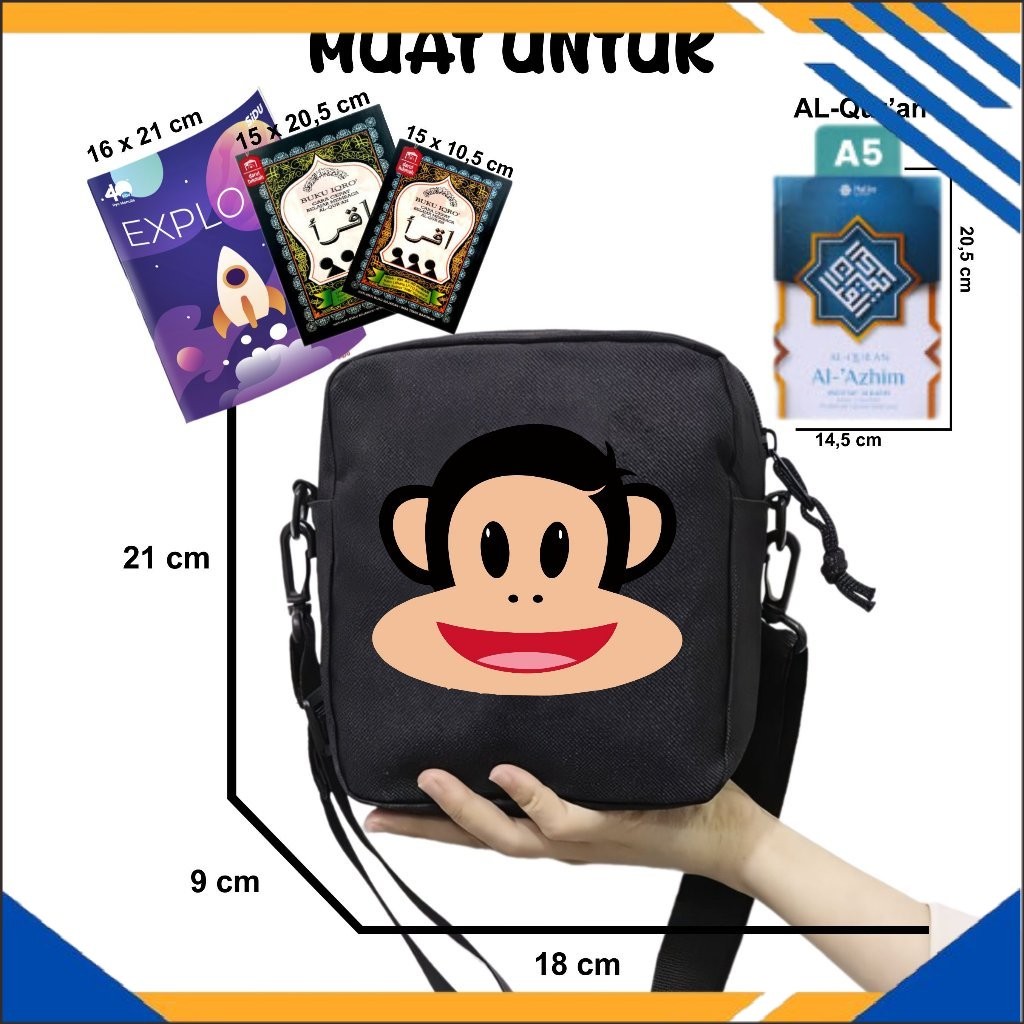 AHZ Tas Anak Selempang Paul Frank Monkey Cocok Untuk Sekolah dan Mengaji Unisex Fashion Kids 15 A5
