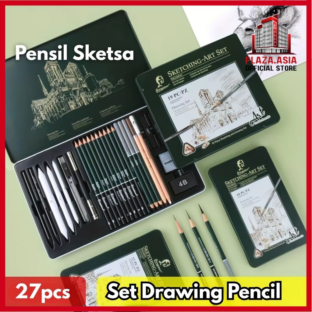 

27pcs Giorgione Set Drawing Pencil Pensil Sketsa Sketch Tin Box Arang Penghapus BR081 Profesional