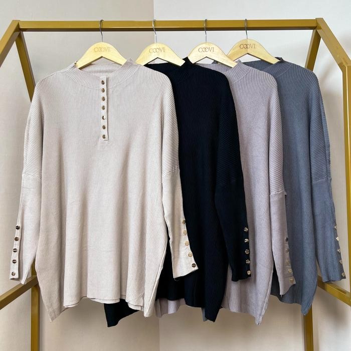 COOVI Folly Tunik Oversize Gold Button - Atasan Tunik Wanita Lengan Panjang Polos Knitwear Rajut - B