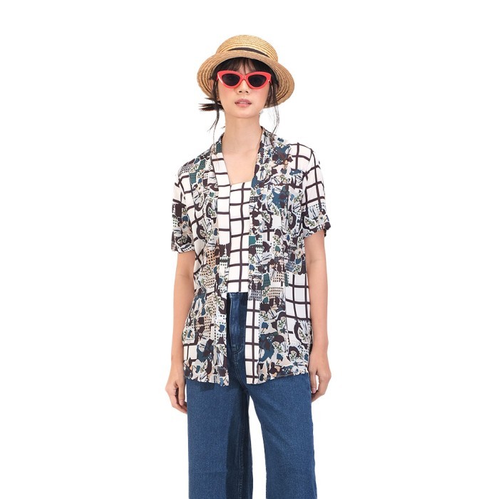 

Rtw Studio Kebaya Lengan Pendek Print Mlathi Grid Top White Green - XL