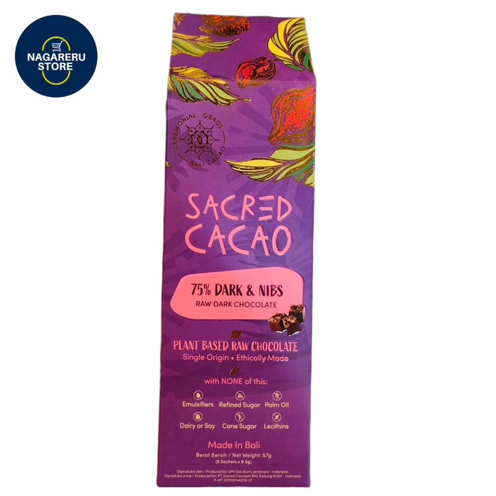 

Sacred cacao 75% dark and nibs raw dark chocolate 57gr