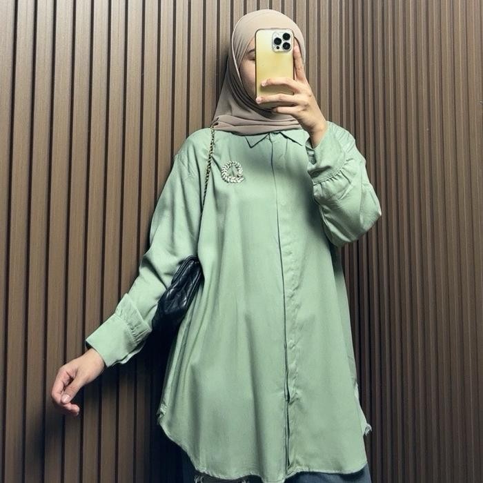 SALE - SHAINA Kemeja Polos Bahan Rayon Twill LD 126cm - SAGE GREEN