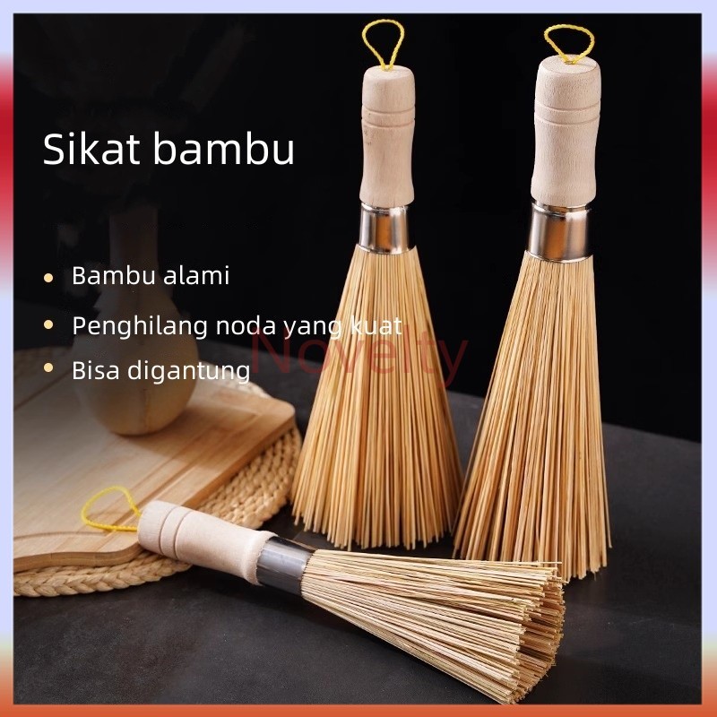 Novelty Sikat pot bambu, sikat bambu gagang panjang alami, sikat pot, tidak merusak pot dan piring, 