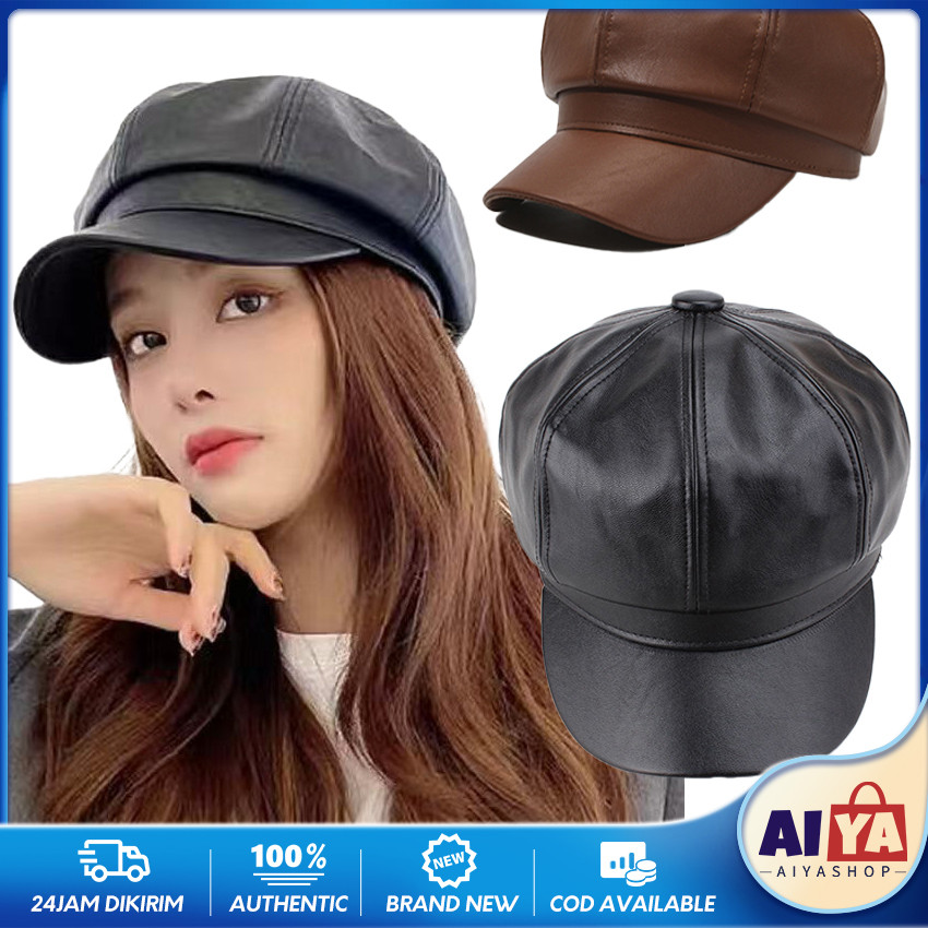 Topi Beret Kulit Pu Desain Octagonal Gaya Retro / Topi Kulit / Leather Hat / Baret Hat Cap Topi Wint