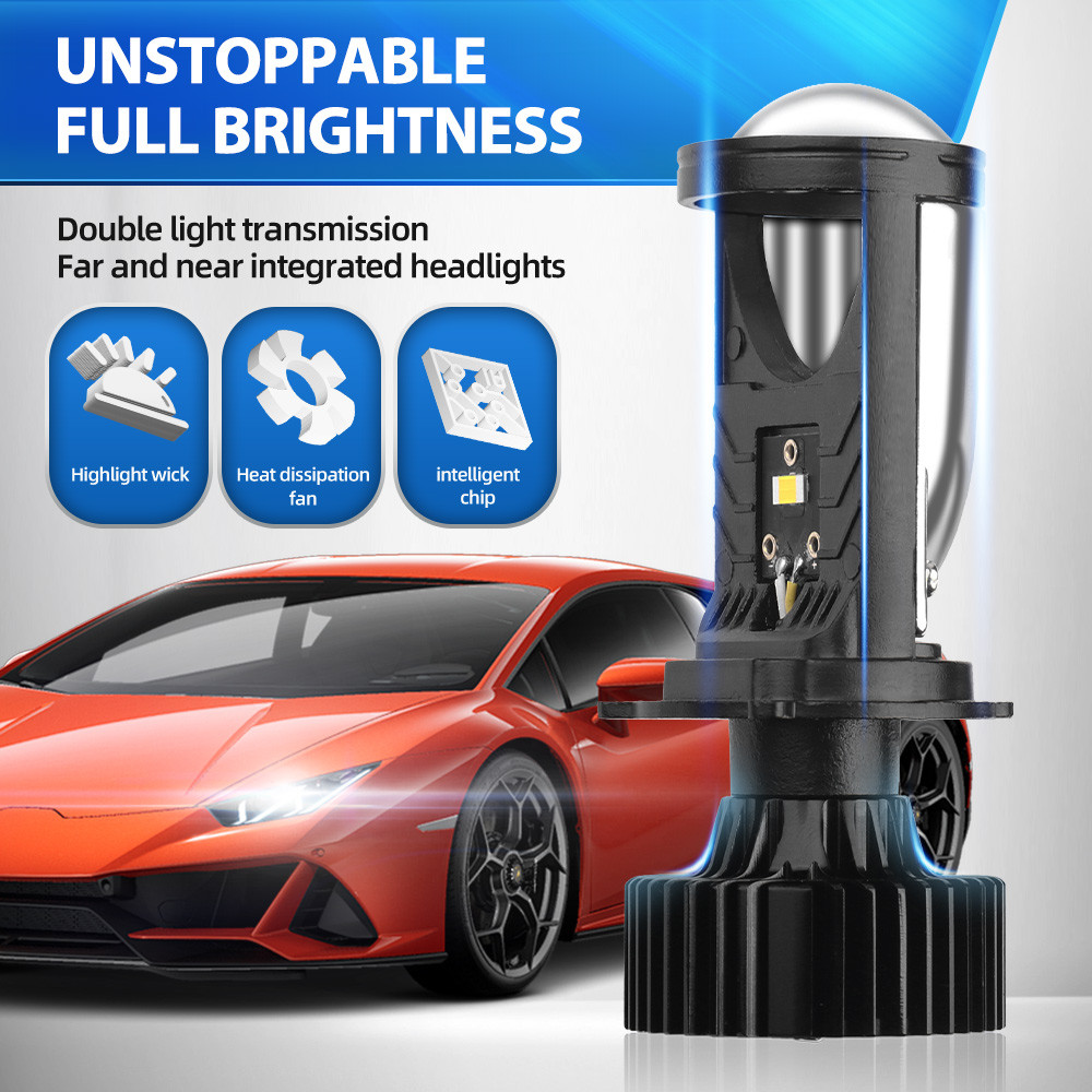 Y6D H4 LED Projector Headlight Bulbs Bi LED Lens Projector with Fan H4 Mini Projector Lens Headlight