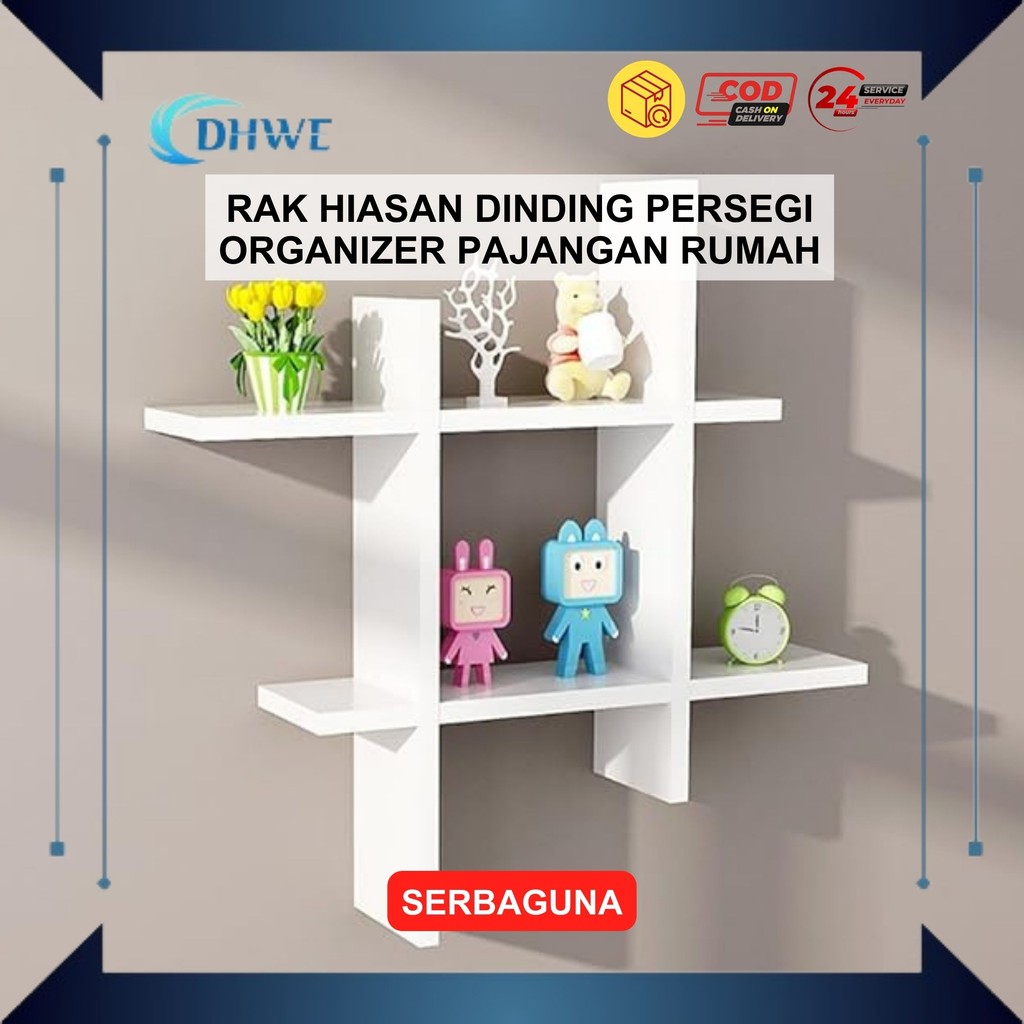DHWE - Rak Kayu Ambalan Serbaguna Rak Kayu Dinding Tempel Rak Dinding Gantung Rak Bentuk Persegi Rak