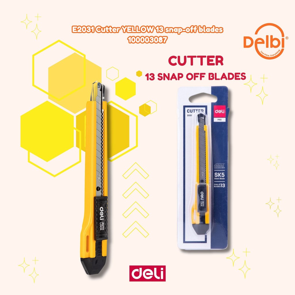 

Deli Cutter dengan pisau baja SK5 sistem kunci manual untuk penggunaan yang aman E2031 E2031 Cutter YELLOW 13 snap-off blades