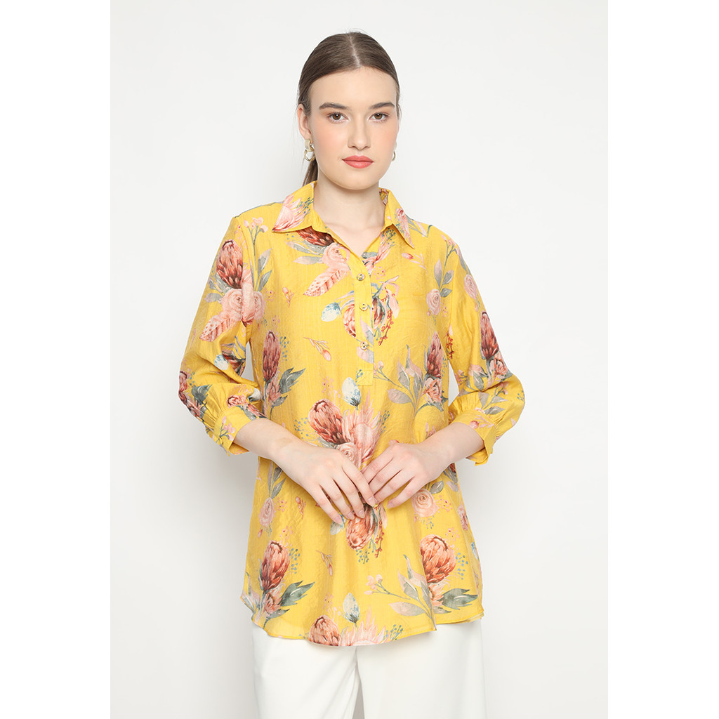 Blus Motif Bunga Tulip Kiuning Blouse V Neck Floral Motif In Yellow By Brilliant Girl
