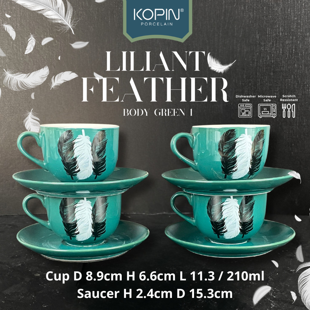 Cangkir Kopin Set Keramik Porcelain Design Liliant Feather Green 1 Isi 4 Pasang Volume 210 ML | KOPI