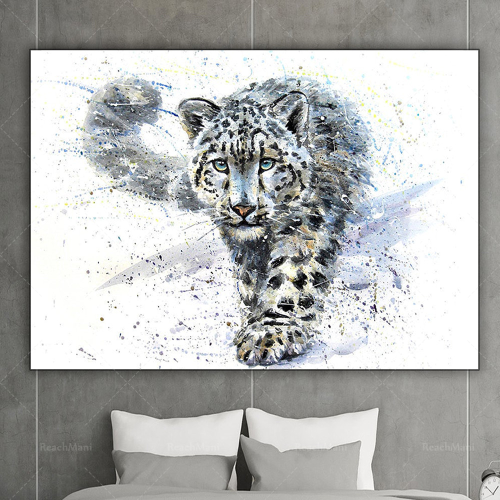

Snow leopard watercolor artwork, animal leopard painting watercolor art canvas home decoration poster