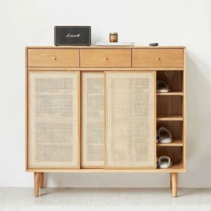 Lemari Sepatu Rotan – Rak Drawer Estetik Minimalis Kayu Jati