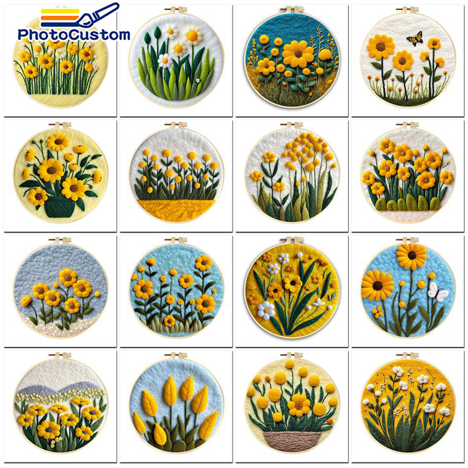 

PhotoCustom Flower Wool Needle Felt Set Needle Felting Painting Kit With 20x20cm Frame Diy Felt Package For Home Decoration