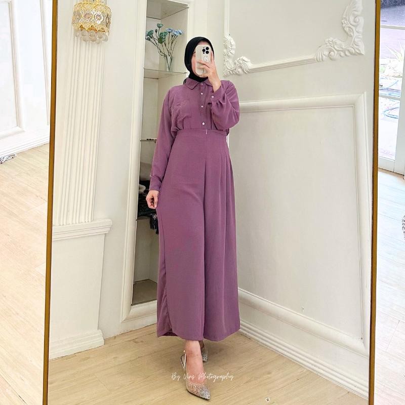 Hania Set Celana Kulot Kemeja Bordir - Celana Kulot Payung Kekinian - Kemeja Bordir Simpel Elegan - 