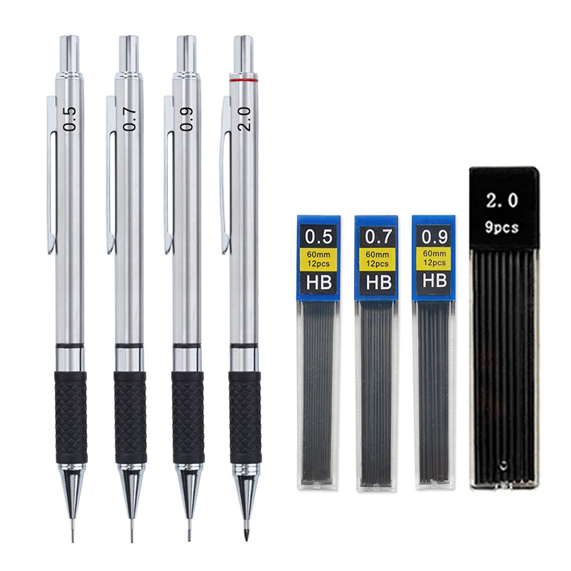 

8Pcs Metal Mechanical Pencil set with pencil grip Leads Art Drawing Student Office Supplies 0.5/0.7/0.9/2.0mm Automatic Pencil